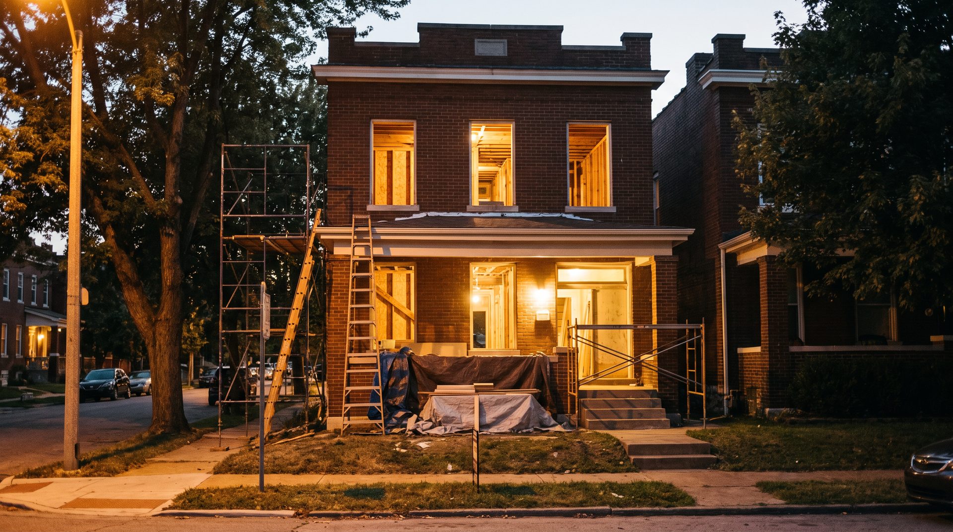 A brick row house mid-renovation at dusk